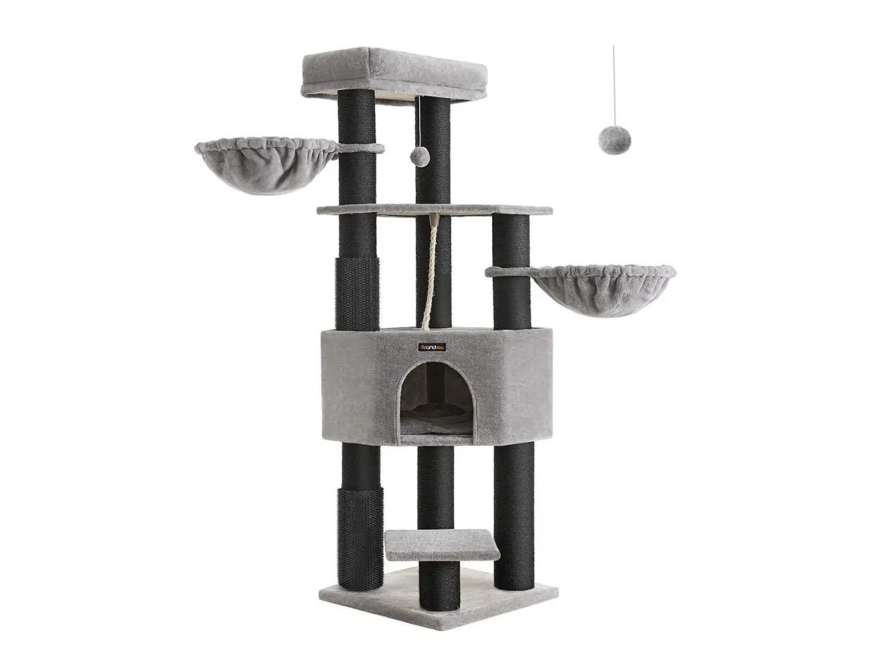 Billede 1 - Kattetræ til store katte - FEANDREA, robust kradsetræ med selvopvarmende puder, 2 selv-plejere, 9 kradsepæle, stor liggeplads, hule og kurve, 50 × 50 × 160 cm, duegrå/sort