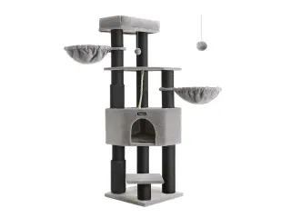 Kattetræ til store katte - FEANDREA, robust kradsetræ med selvopvarmende puder, 2 selv-plejere, 9 kradsepæle, stor liggeplads, hule og kurve, 50 × 50 × 160 cm, duegrå/sort
