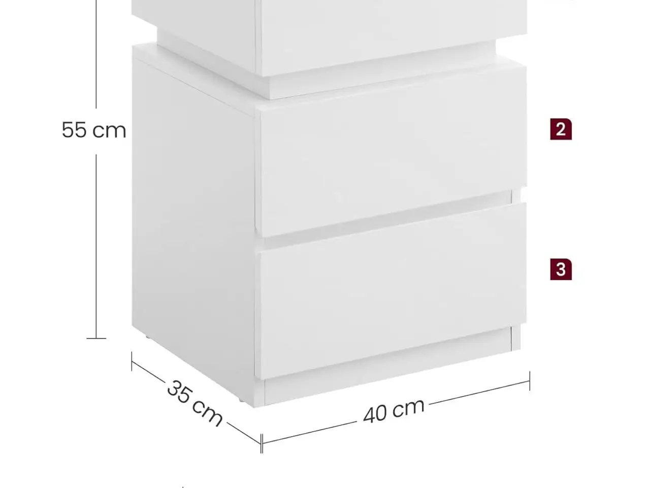 Billede 4 - Sengebord med LED-lys og 3 skuffer - hvid