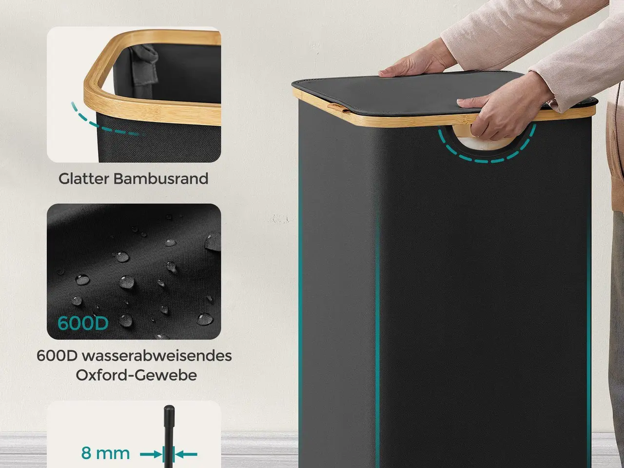 Billede 7 - Vasketøjskurv med låg - 2 rum, 130 l, aftagelig netpose, foldbar, 52 × 38,5 × 70,5 cm - blæksort