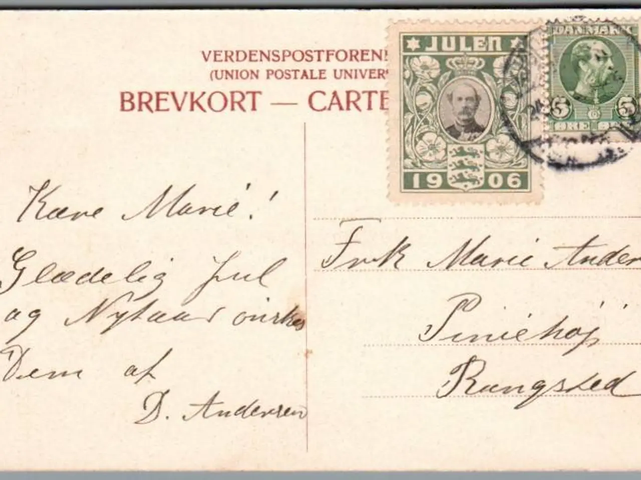 Billede 1 - Julemærke 1906 på Postkort - Stemplet 24 - 12 - 1906