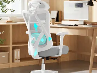 Ergonomisk kontorstol i mesh - højdejusterbar drejestol med lændestøtte og nakkestøtte, op til 150 kg, cappuccino beige (OBN063GD02)