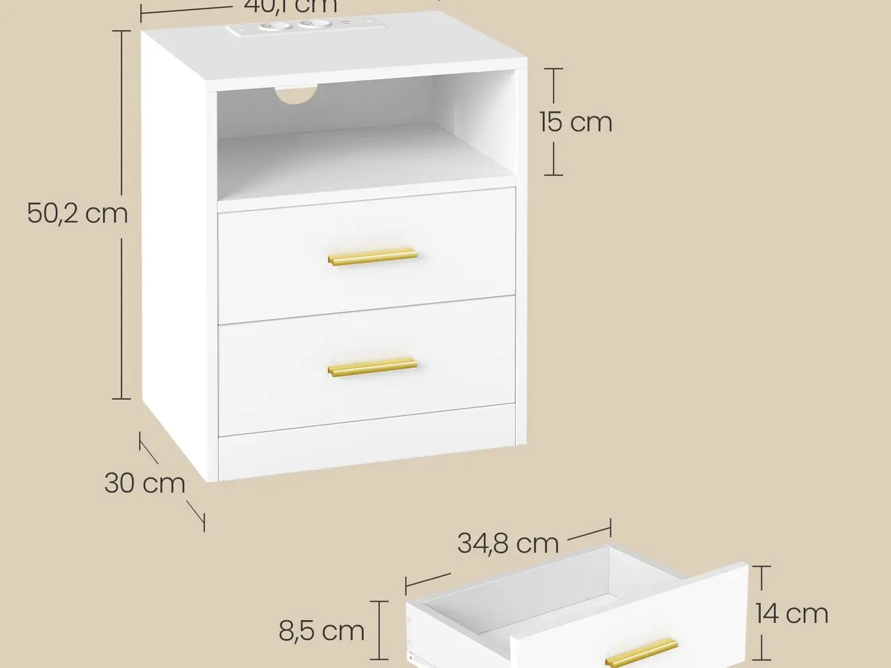 Billede 5 - Sengebord med ladestation og LED-lys, 2 skuffer - hvid