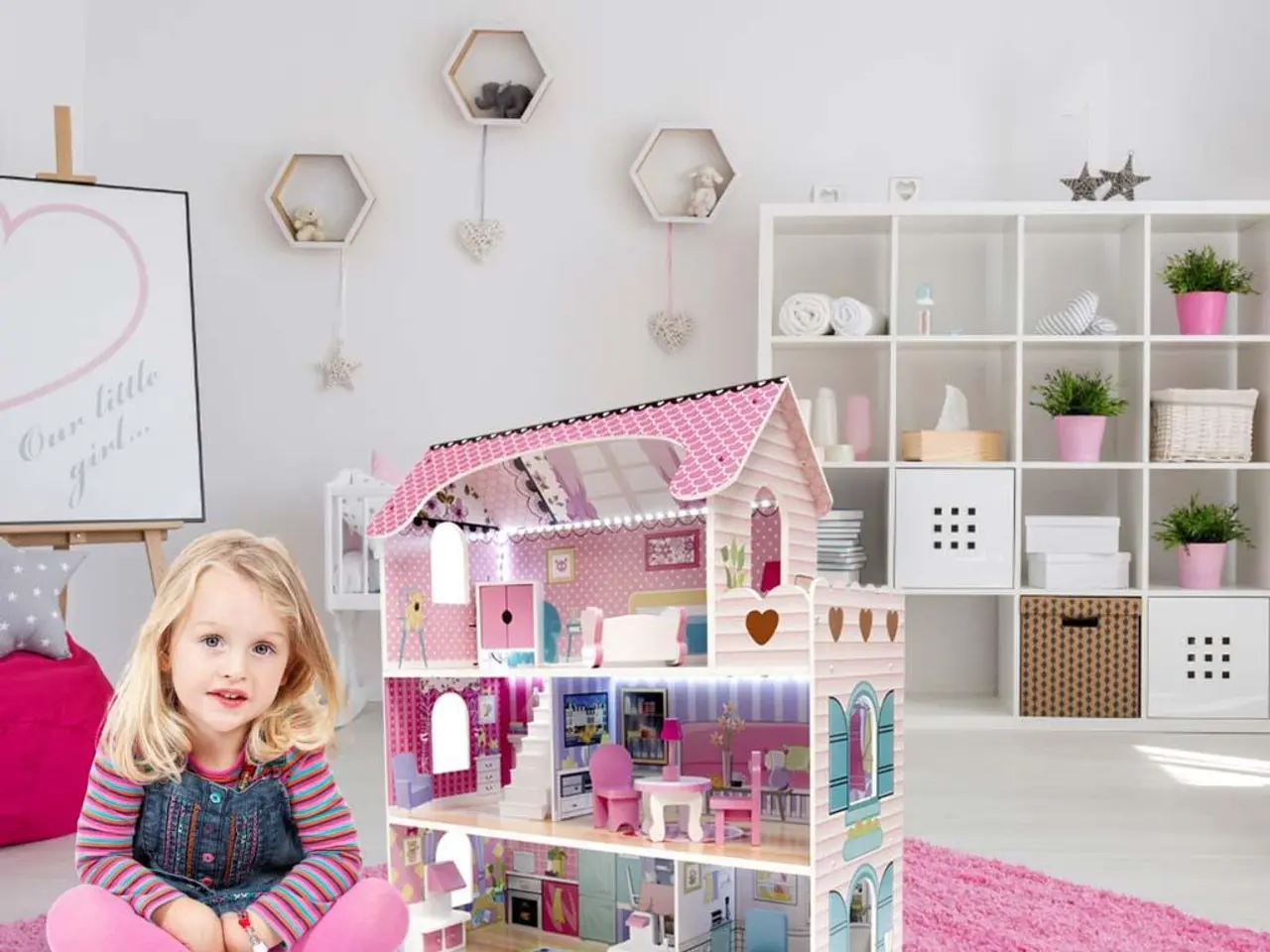 Billede 1 - Dukkehus med møbler og LED - 70 cm, pink