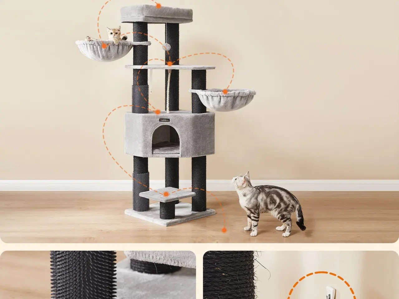 Billede 7 - Kattetræ til store katte - FEANDREA, robust kradsetræ med selvopvarmende puder, 2 selv-plejere, 9 kradsepæle, stor liggeplads, hule og kurve, 50 × 50 × 160 cm, duegrå/sort