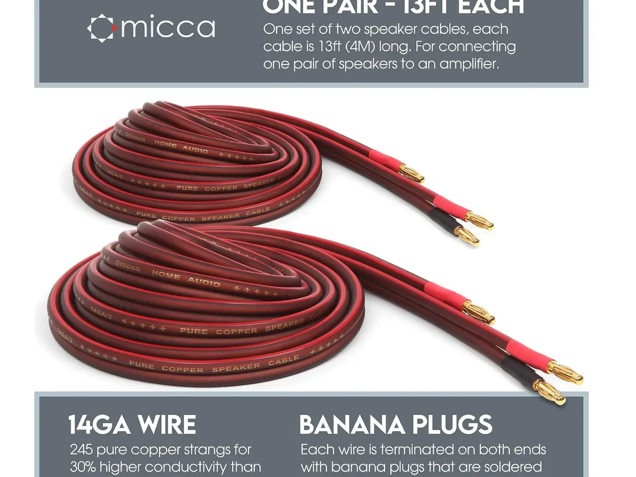 Billede 3 - Micca OFC Speaker Cable 2x 4m Banana Plug
