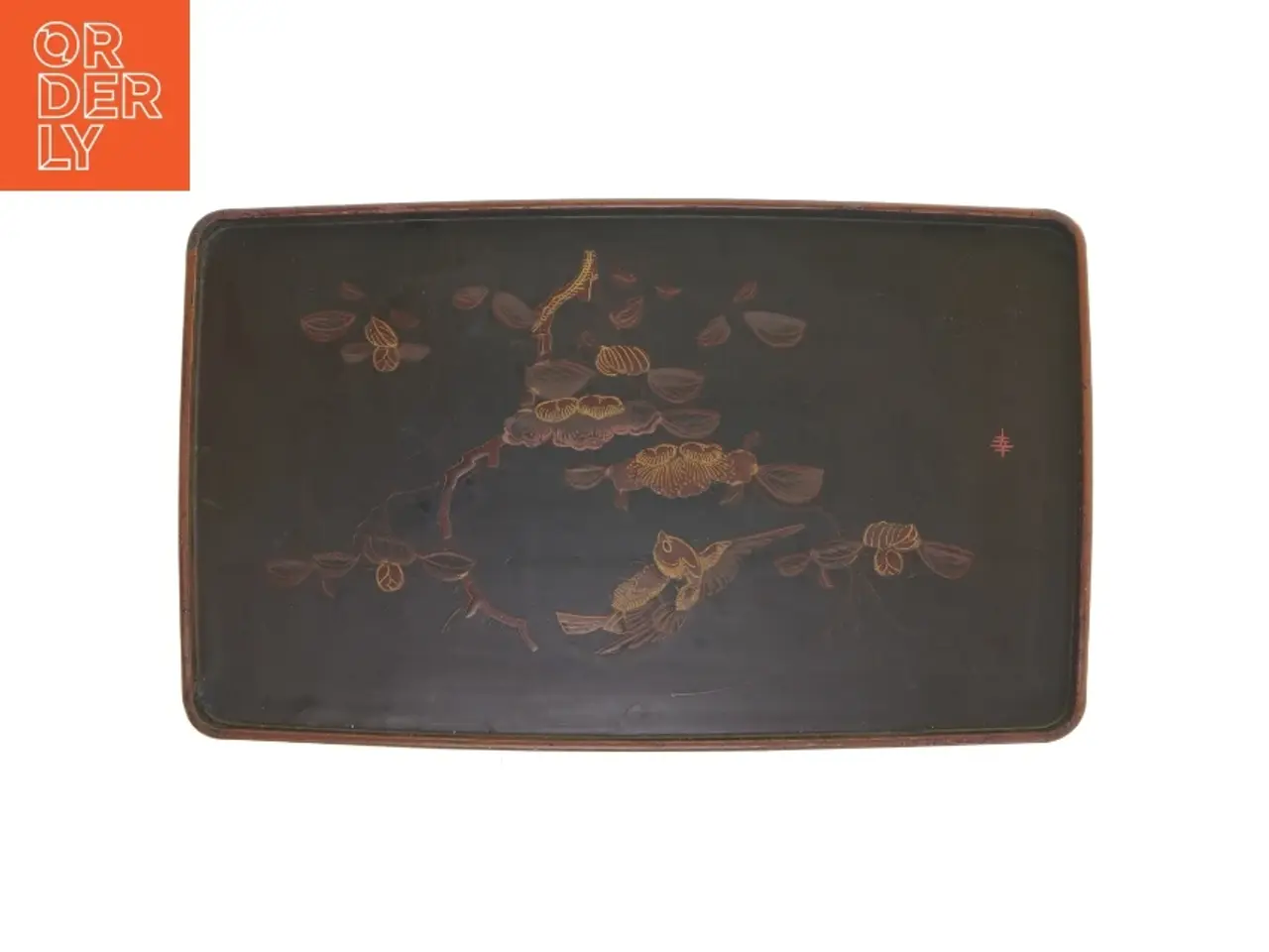 Billede 1 - Dekorativ kinesisk bakke med intarsia fuglemotiv (str. 32,5x19,5 cm)