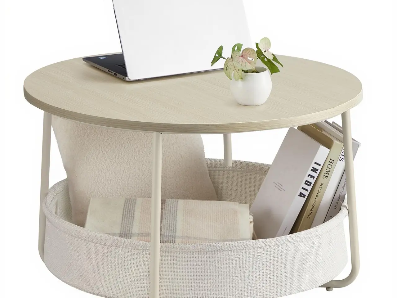 Billede 2 - Rundt sofabord med opbevaringskurv - moderne stuebord i naturbeige/cremehvid, metalstel, Ø75 × H45 cm