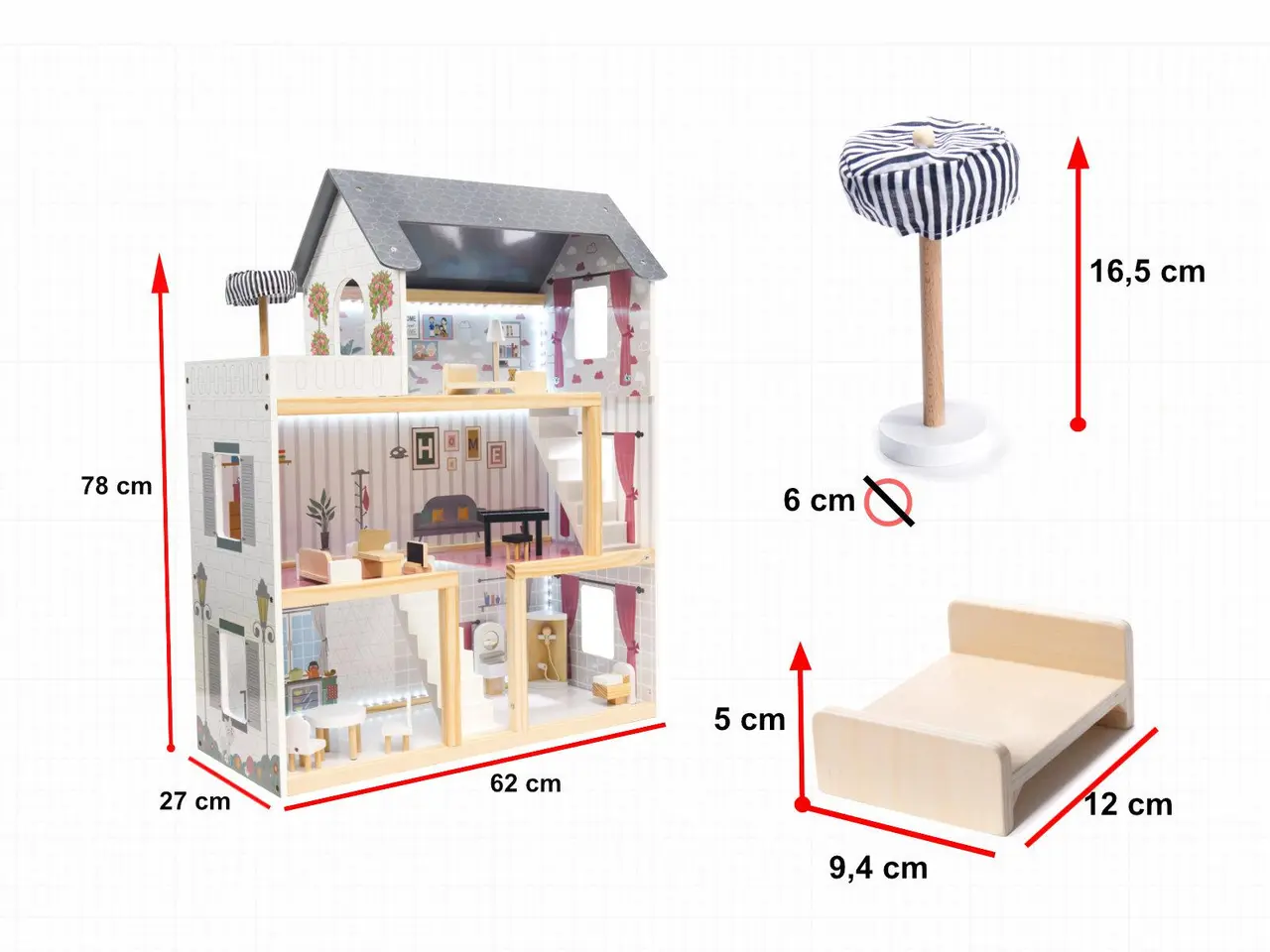 Billede 3 - Dukkehus i træ med møbler 78 cm - sort LED