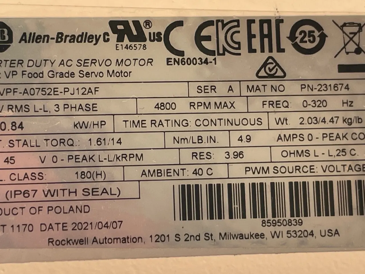 Billede 4 - Allen-Bradley Kinetix VP VPF-A0752E-PJ12AF Food –