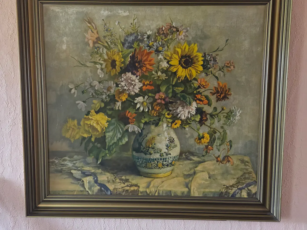 Billede 1 - Blomsterbillede i guld/bronze-farvet ramme 