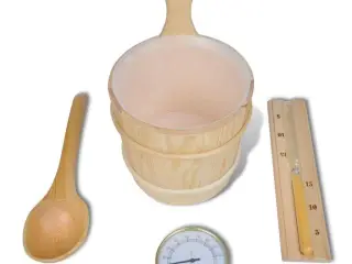 Saunatilbehør 5 dele spand ske timeglas termohygrometer