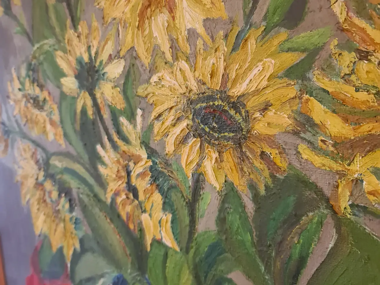 Billede 5 - Stort blomstermaleri med solsikker – signeret EJ 8