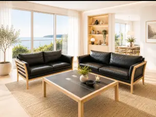 Sofagruppe 3+2 Pers.I sort anilin læder gavl i bøg