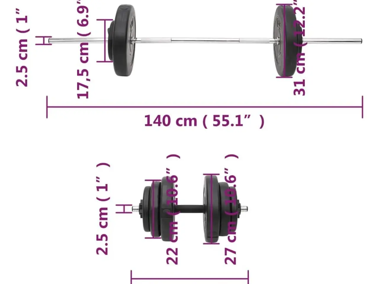 Billede 9 - Vægtstang og håndvægte med skiver - 60 kg sæt, sort