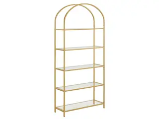 Reol med 5 hylder hærdet glas og stål, buet design, gylden (LGT050A01)