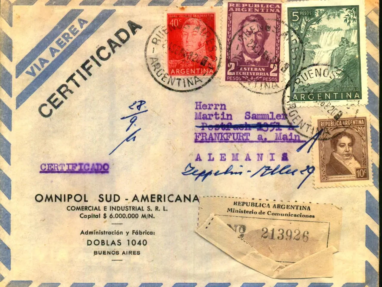 Billede 1 - Luftpost Rekommanderet Brev fra Argentina til Danmark - 24 - 9 - 58