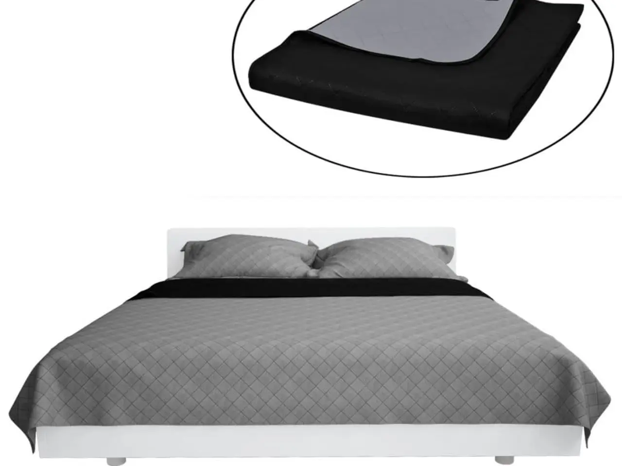 Billede 2 - Sengetæppe dobbeltsidet quiltet 170 x 210 cm - sort og grå