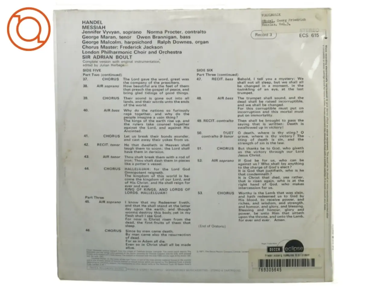 Billede 4 - Händel Messiah Vinylplade fra DECCA