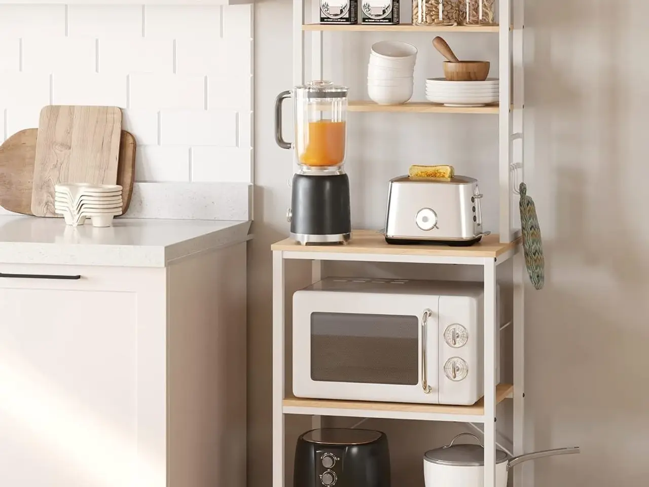 Billede 3 - Køkkenreol med 6 hylder og 6 kroge kaffe- og mikrobølgeovnstation, stålramme, justerbar hylde, 40 × 60 × 167 cm, eg/hvid (KKS024W09)