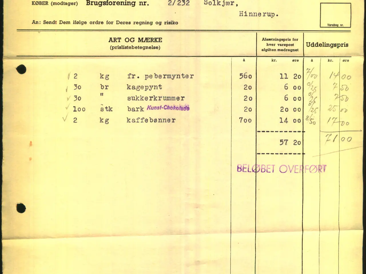 Billede 1 - F.D.B. - Chokolade - 1954 - Fakturastempelmærker