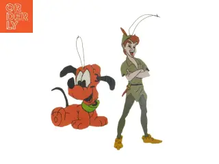 Træfigurer, håndlavede, af Peter Pan og hund (str. 27 og 14 cm)