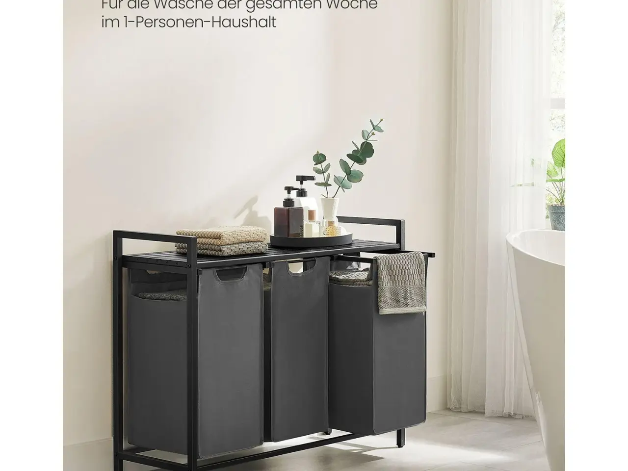 Billede 3 - Vasketøjskurv med 3 rum udtrækkelige poser, hylde, metalstel, 3 x 38 l, 92,5 × 33 × 72 cm, sort/grå