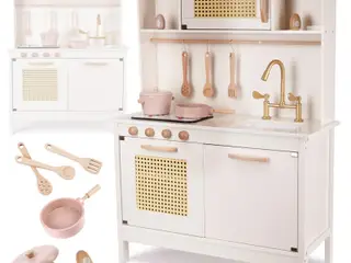 Legetøjskøkken i træ retro med boho-tilbehør - hvid