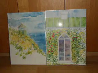 Ole Kortzau. Tryk. Akvarel. Landskab. Hus. Blomst