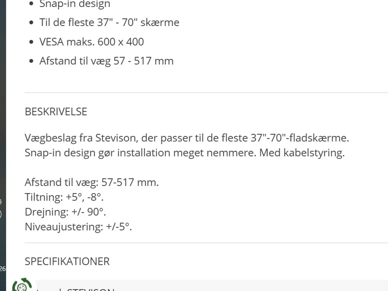 Billede 2 - HELT NYT. STEVISON Vægbeslag KMA28-466D - 37"-70"