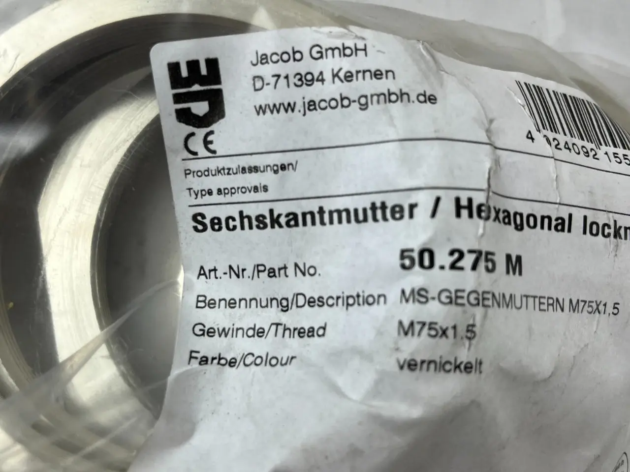 Billede 3 - Jacob 50.275 M Hexagonal Locknut M75x1.5 Nickel
