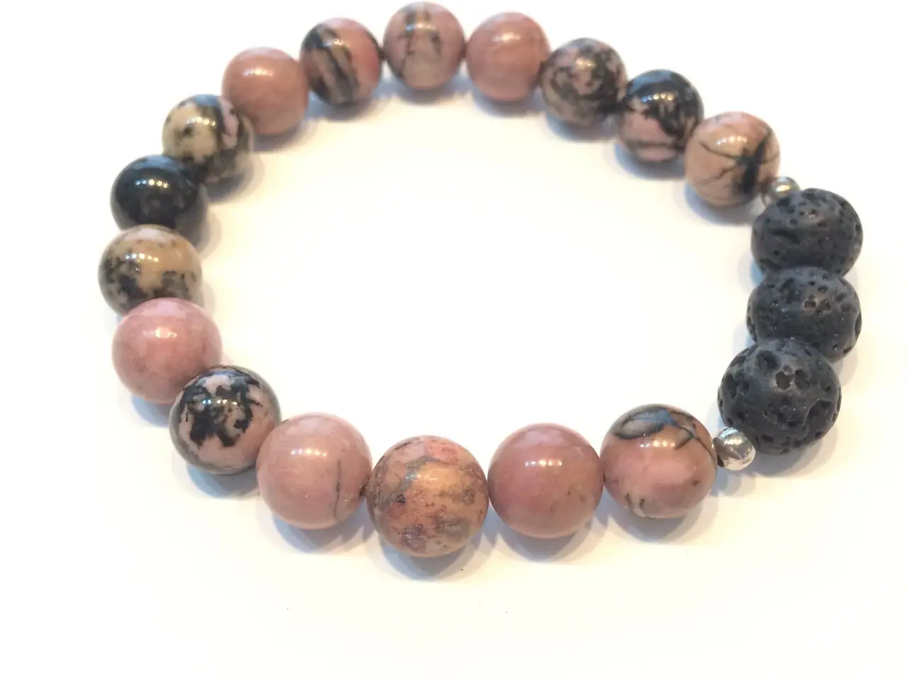 Billede 3 - Armbånd, rosa rodonit, sort lava sten, elastik