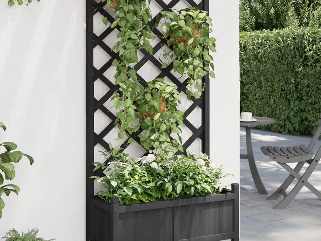 Billede 1 - Plantekasse med espalier og hjul massivt fyrretræ sort