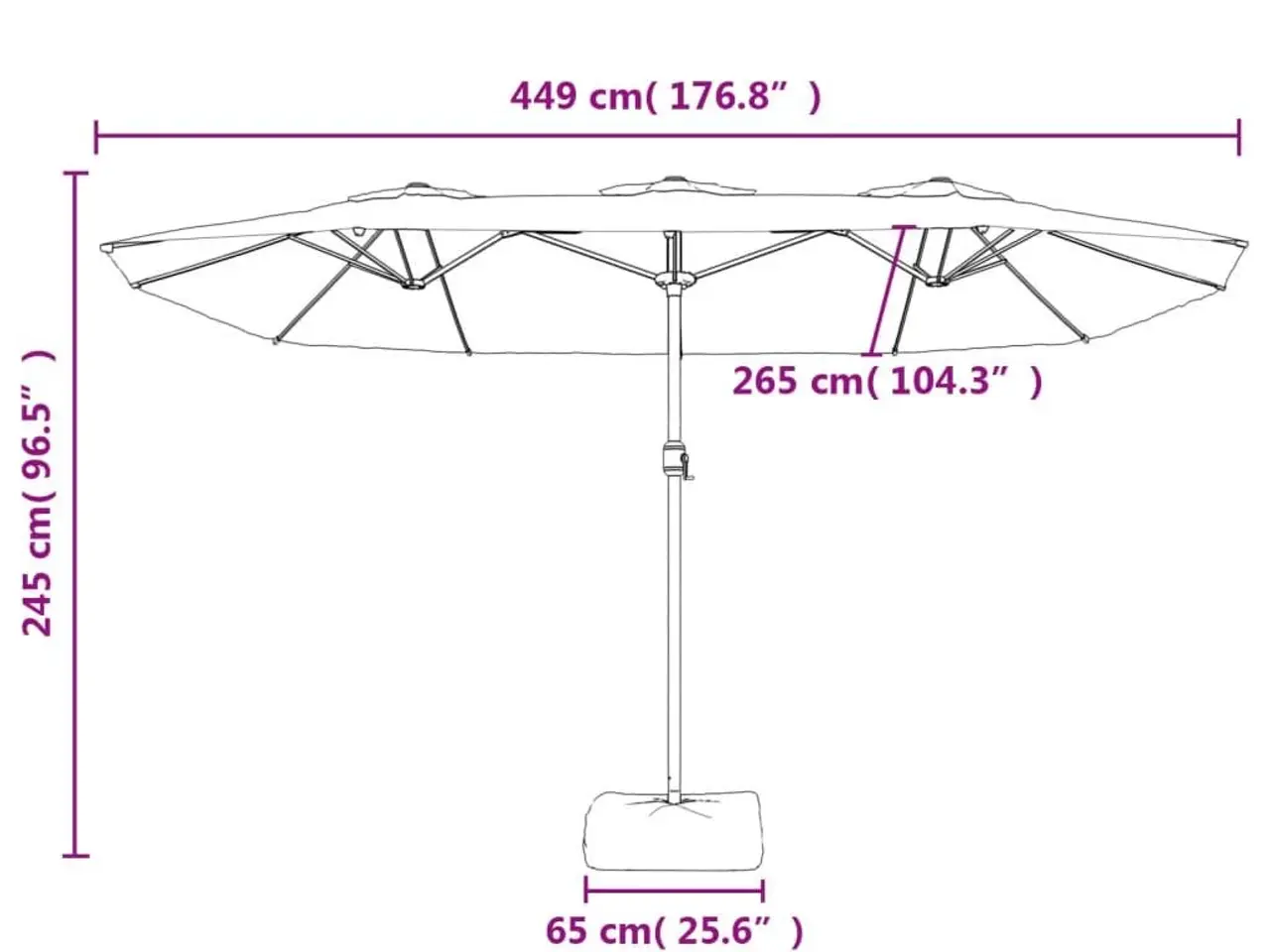 Billede 10 - Parasol med dobbelt parasoldug og LED-lys 449x265 cm sort