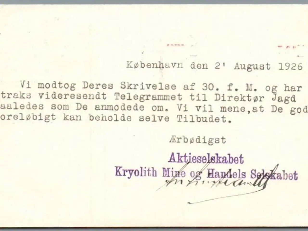 Billede 1 - Aktieselskabet Kryolit Mine og Handels Selskabet - Postkort - Brugt
