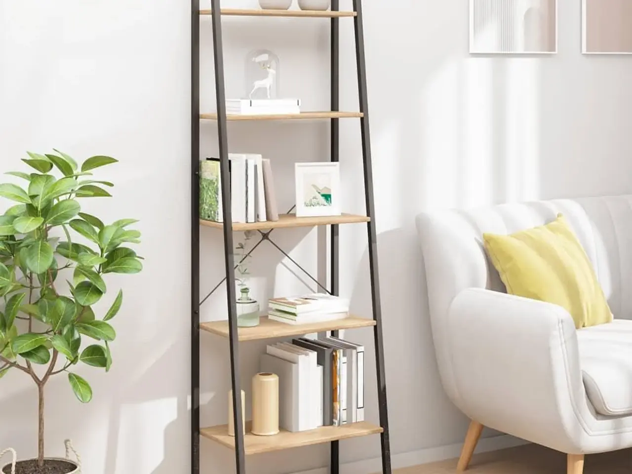Billede 1 - Stigereol med 5 hylder 56×35×174 cm - lysebrun/sort