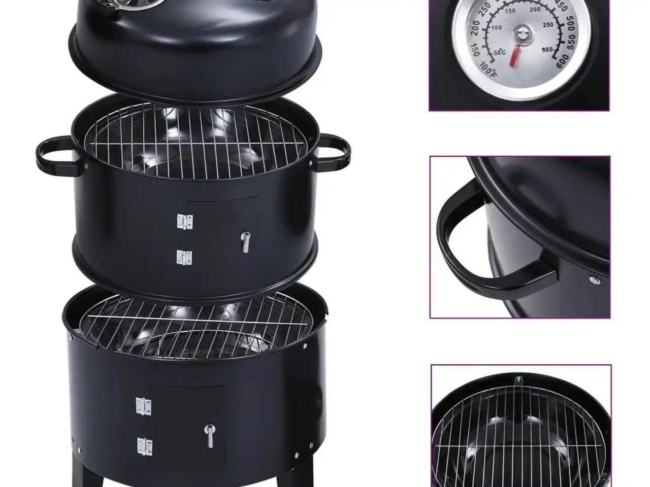 Billede 1 - 3-i-1 kul-/røgegrill 40 × 80 cm - sort stål