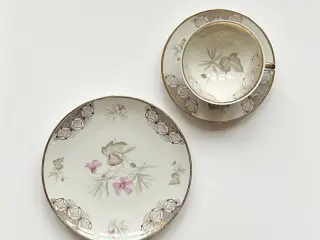 Triosæt, stor kop m underkop og kagetallerken, blomster og guld