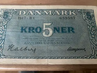 Gammel dansk 5 kroners seddel fra 1947