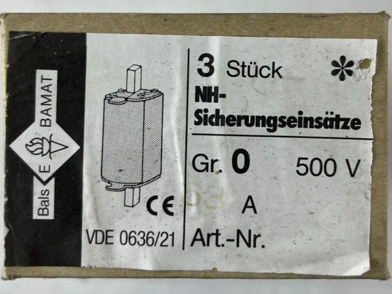 Billede 1 - 3x Bals E‑BAMAT NH0 Fuse Inserts 63A 500V gL IEC