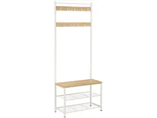 Tøjstativ med bænk og skohylde eg/hvid, 32 × 70 × 175 cm