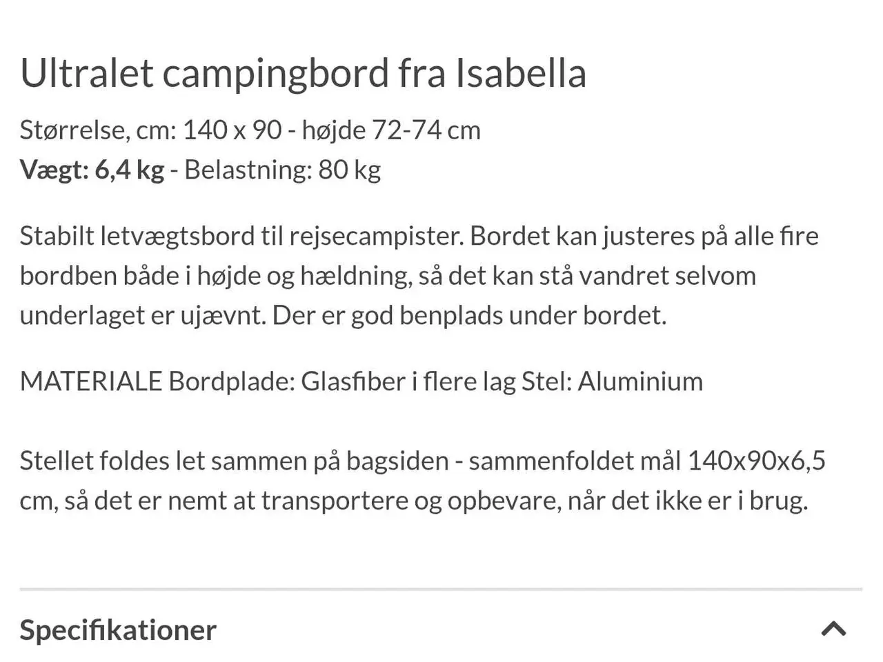 Billede 2 - Isabella letvægtsbord på 140x90 cm 6,4 kg.