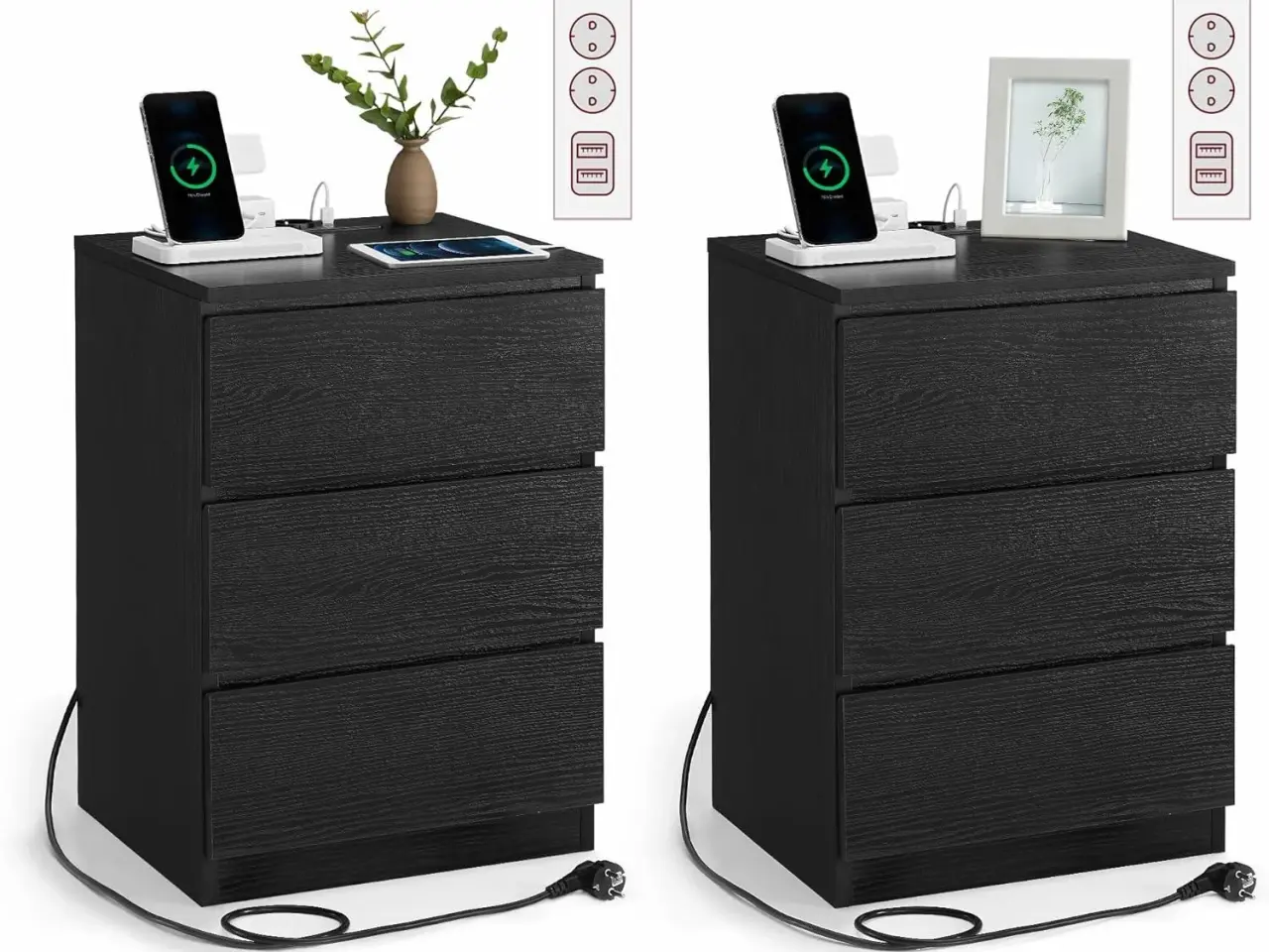 Billede 1 - Sengeborde med strøm sæt á 2, 3 skuffer, 2 stikkontakter & 2 USB-porte, ebensort