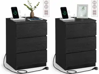 Sengeborde med strøm sæt á 2, 3 skuffer, 2 stikkontakter & 2 USB-porte, ebensort
