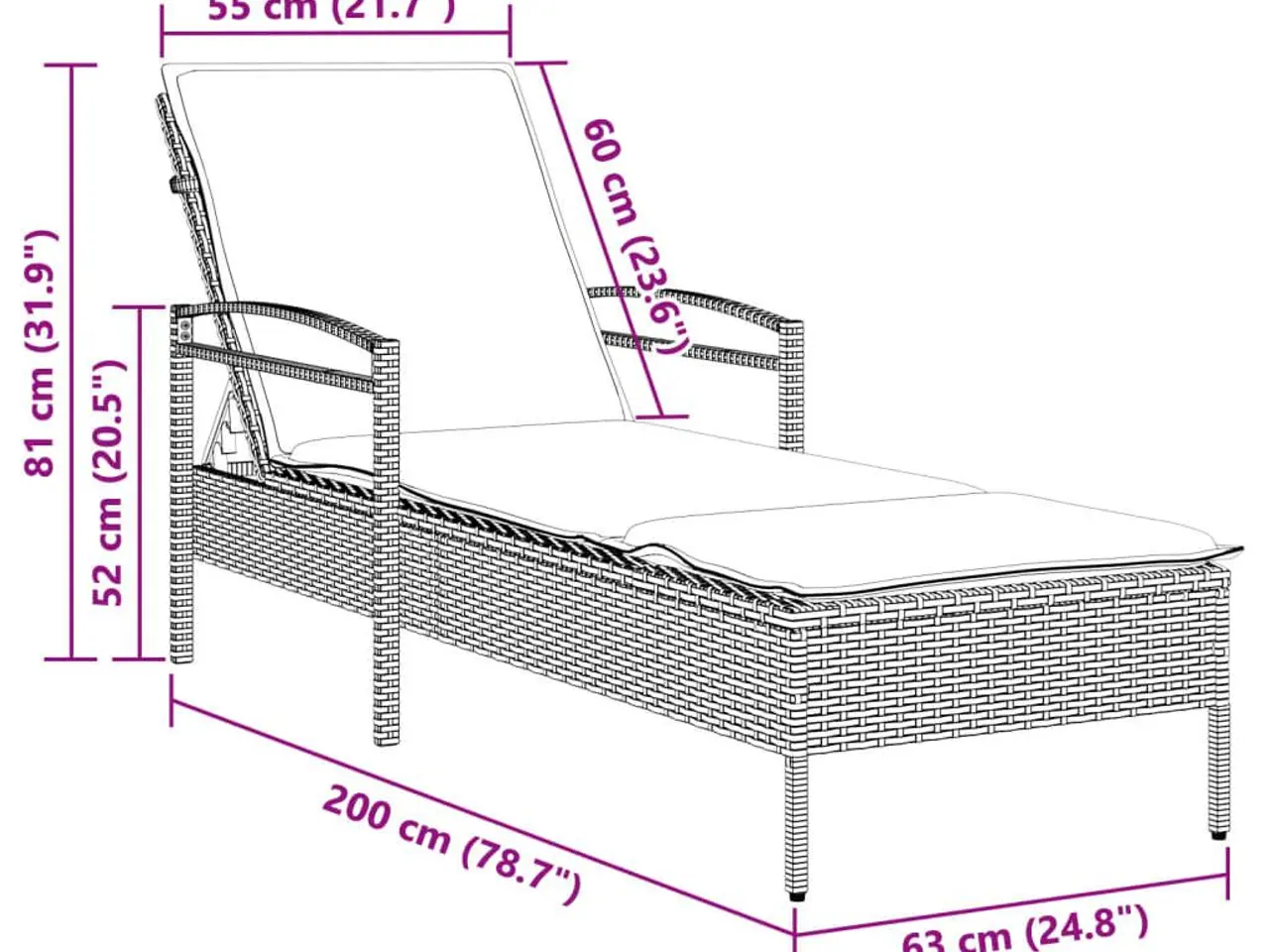 Billede 9 - Liggestol med hynde 63x200x81 cm polyrattan sort
