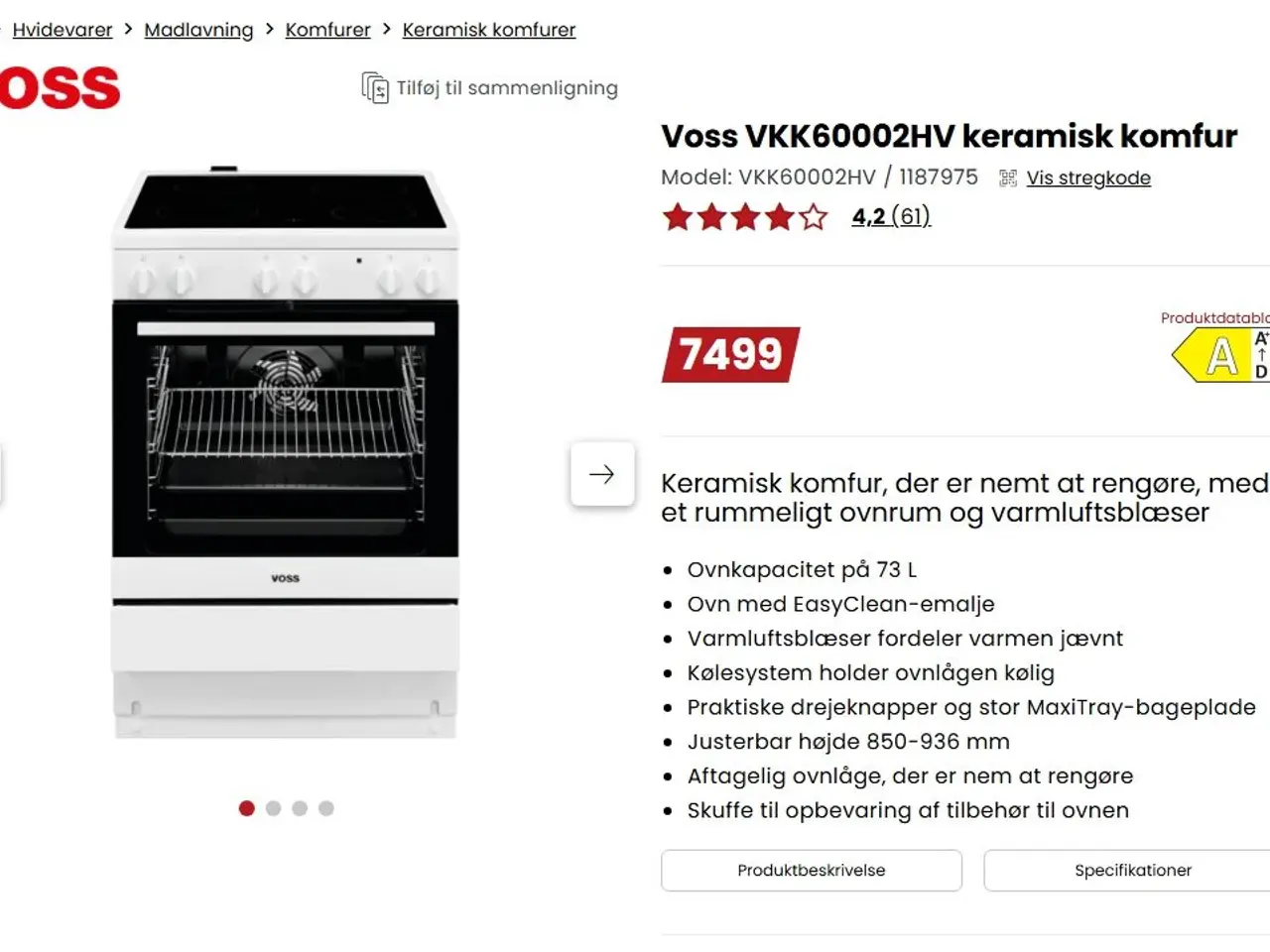 Billede 1 - Voss VKK60002HV keramisk komfurKeramisk 