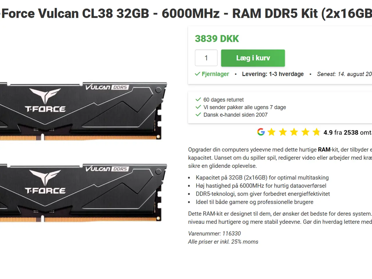 Billede 1 - 2X16 GB DDR5 6000 MHZ CL 38-38-38-78 1,25 V