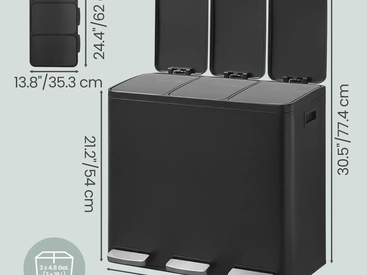 Billede 3 - Skraldespand med 3 rum 3 × 18 l - stål, soft close - sort