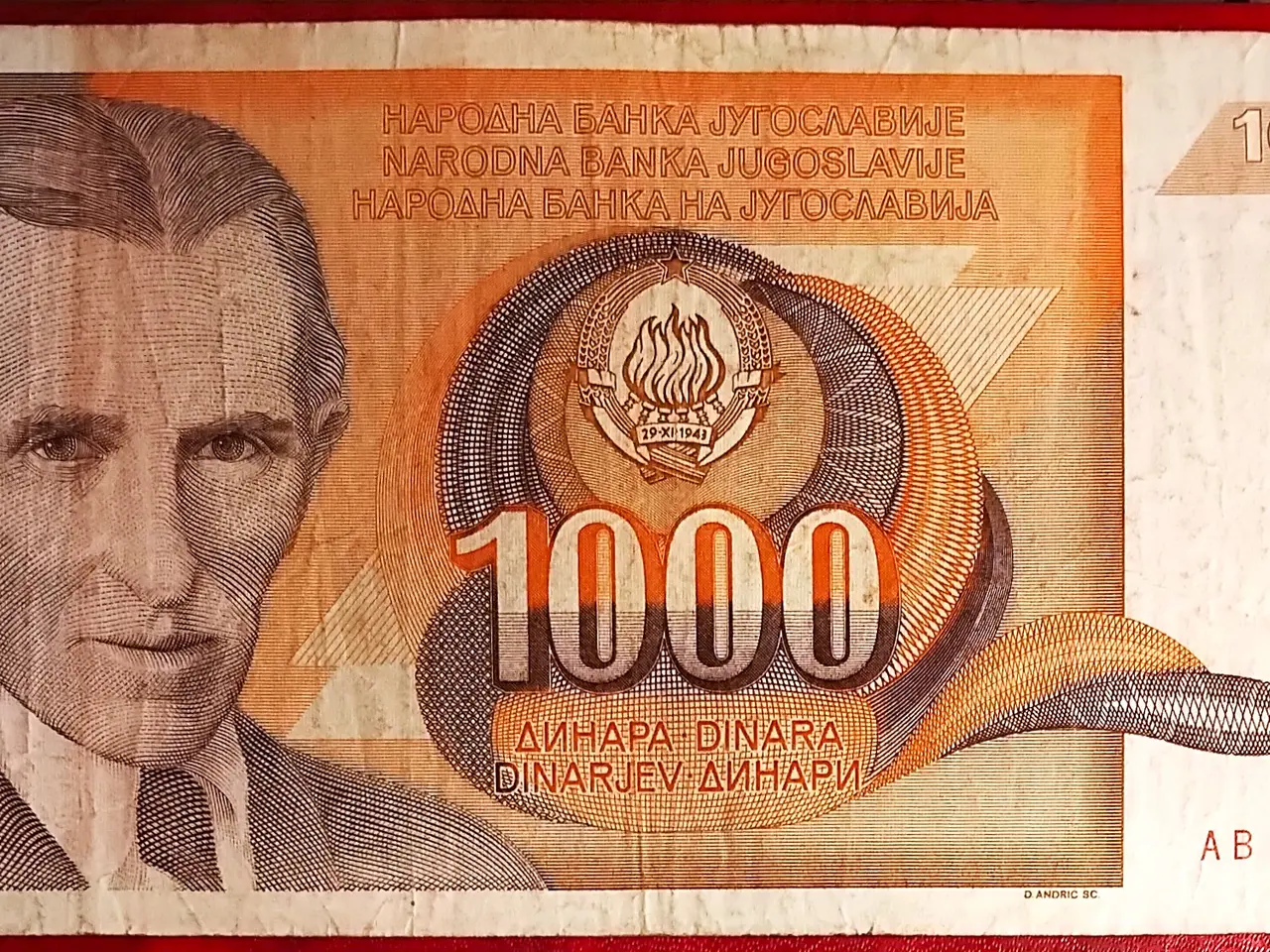 Billede 1 - JUGOSLAVIEN YUGOSLAVIA 1000 DINARA 1990 Tesla 