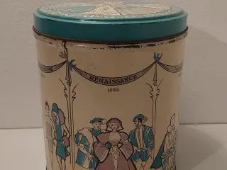 Stor gammel kagedåse med motiver fra 1550-1920.